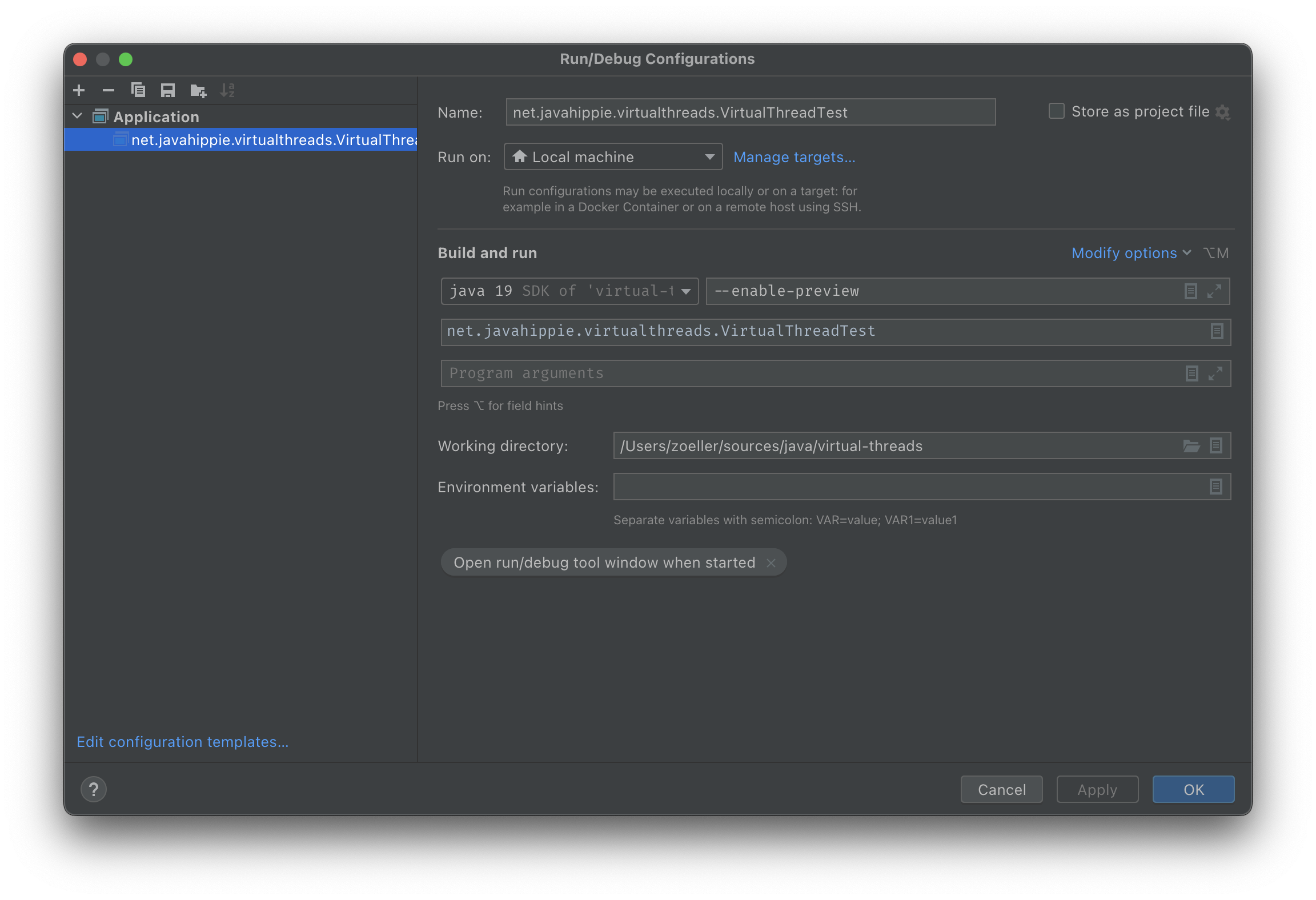 IntelliJs run configuration with "--enable-preview" as JDK args