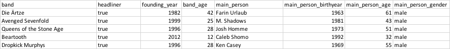 View of the Excel header, containng Band name headliner status founding year, age of the band, also the main person, their birth year, age and gender